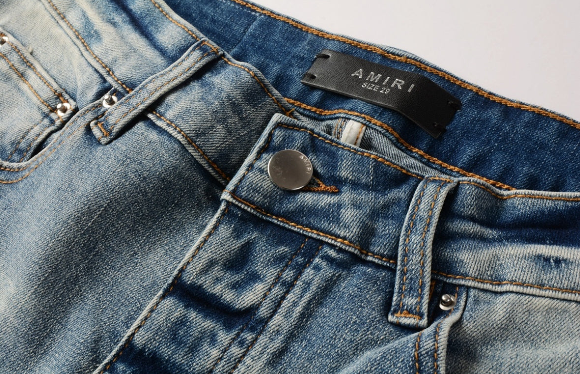 Men’s Mike AMIRI Distressed Staggered Logo Light Blue Jeans