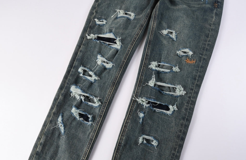 Men’s KSUBI Dark-Blue Distressed Jeans