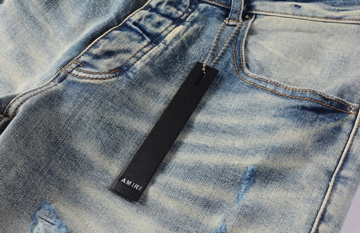 Men’s Mike AMIRI Solid Red Logo Light-Blue Distressed Jeans