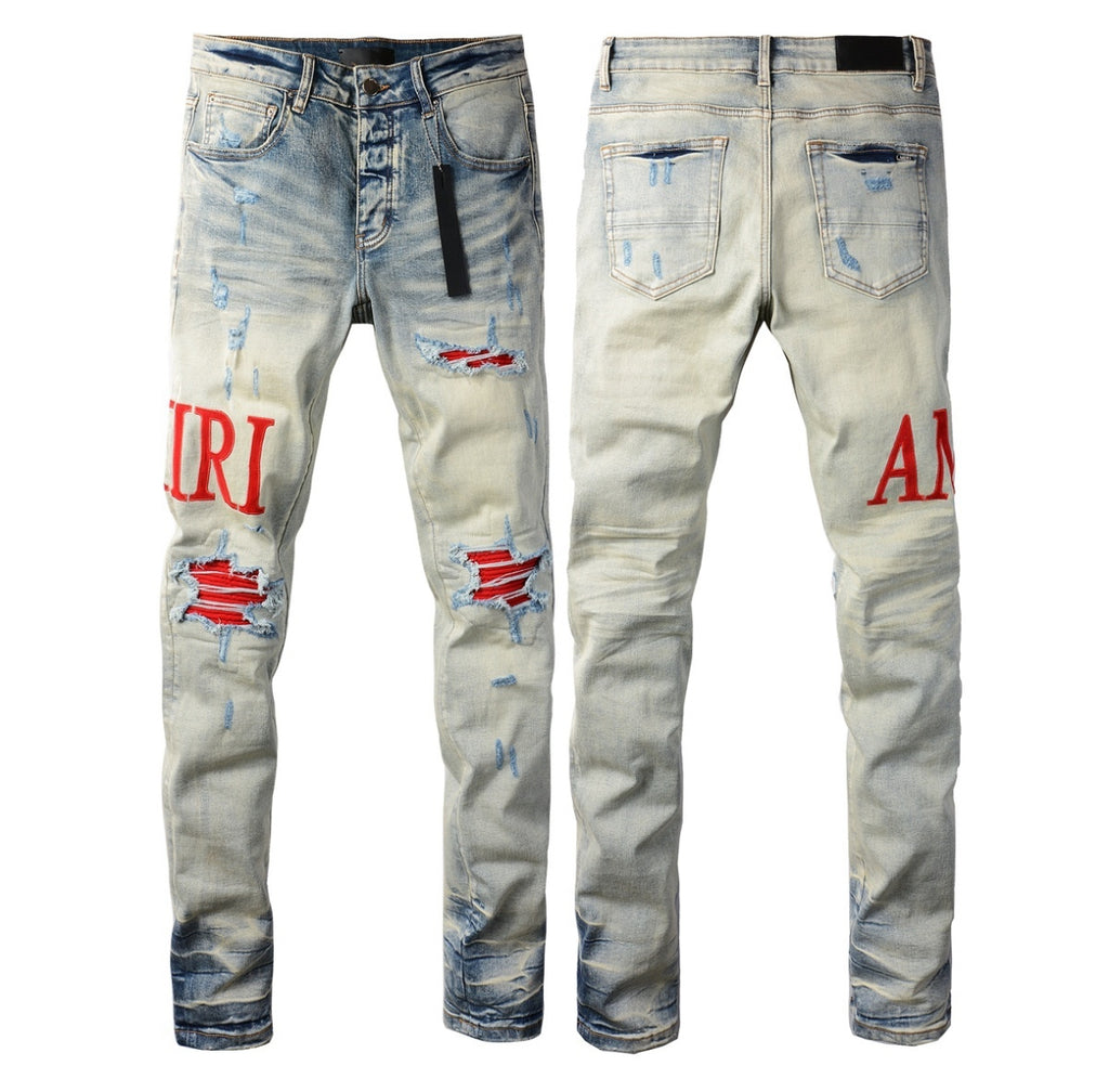 Men’s Mike AMIRI Solid Red Logo Light-Blue Distressed Jeans