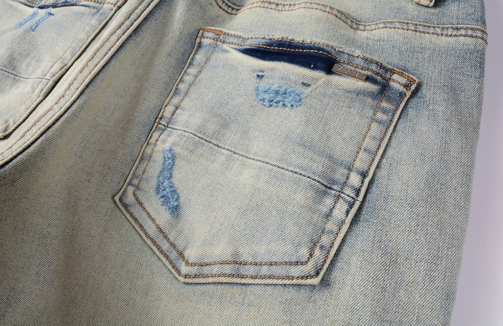 Men’s Mike AMIRI Solid Red Logo Light-Blue Distressed Jeans