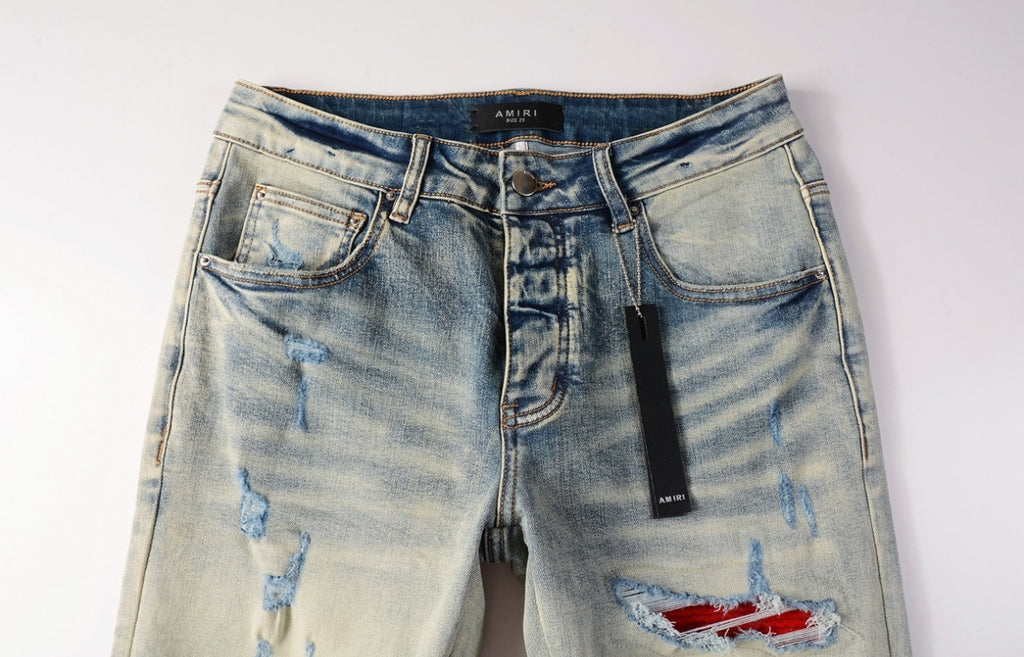 Men’s Mike AMIRI Solid Red Logo Light-Blue Distressed Jeans