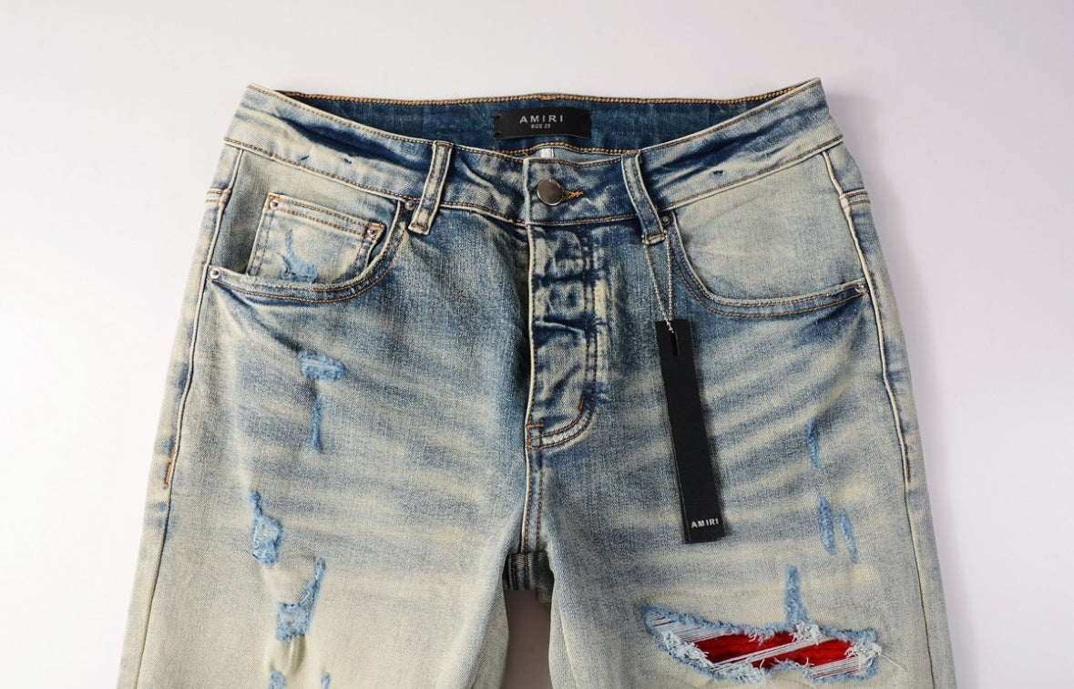 Men’s Mike AMIRI Solid Red Logo Light-Blue Distressed Jeans