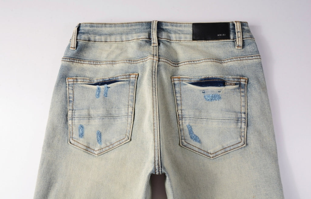 Men’s Mike AMIRI Solid Red Logo Light-Blue Distressed Jeans