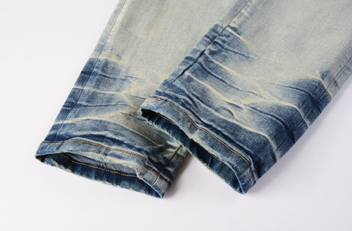 Men’s Mike AMIRI Solid Red Logo Light-Blue Distressed Jeans