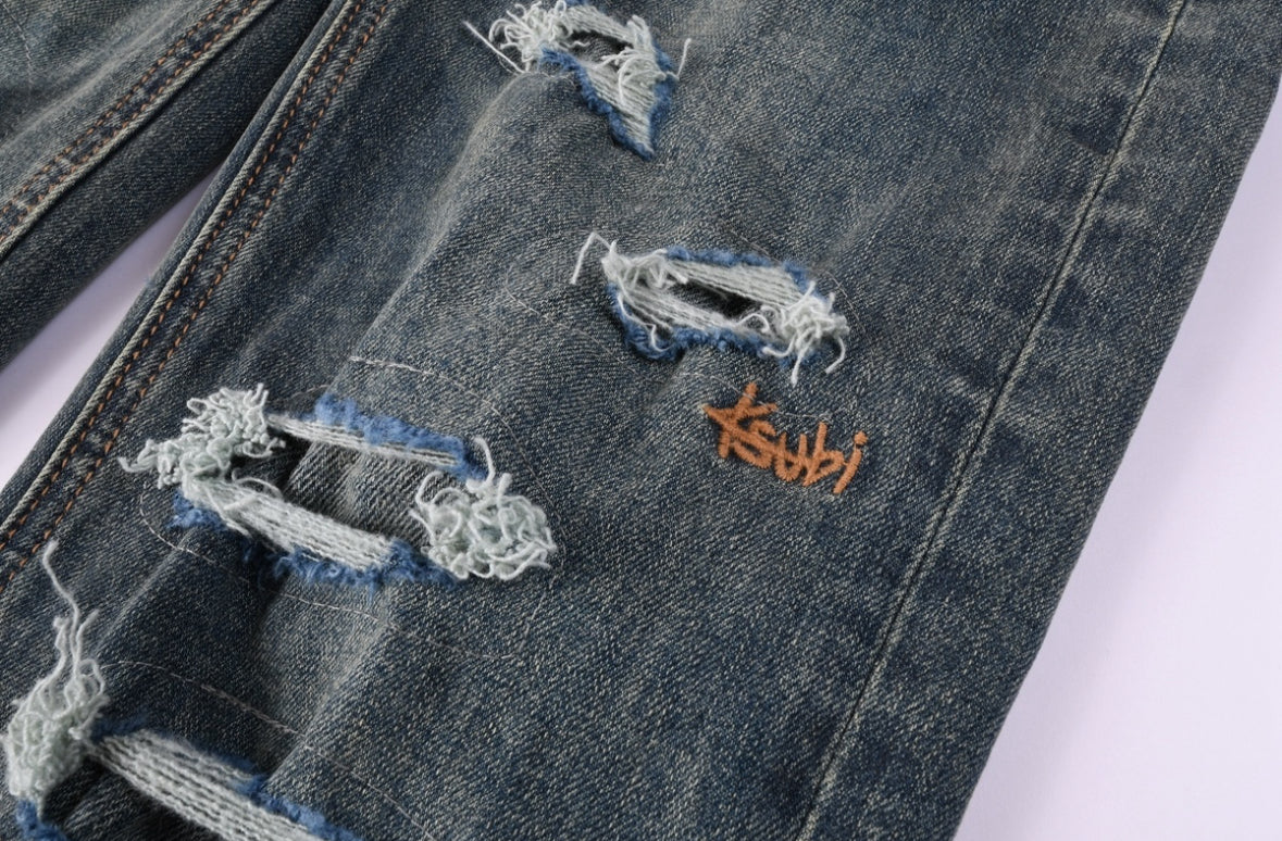 Men’s KSUBI Dark-Blue Distressed Jeans