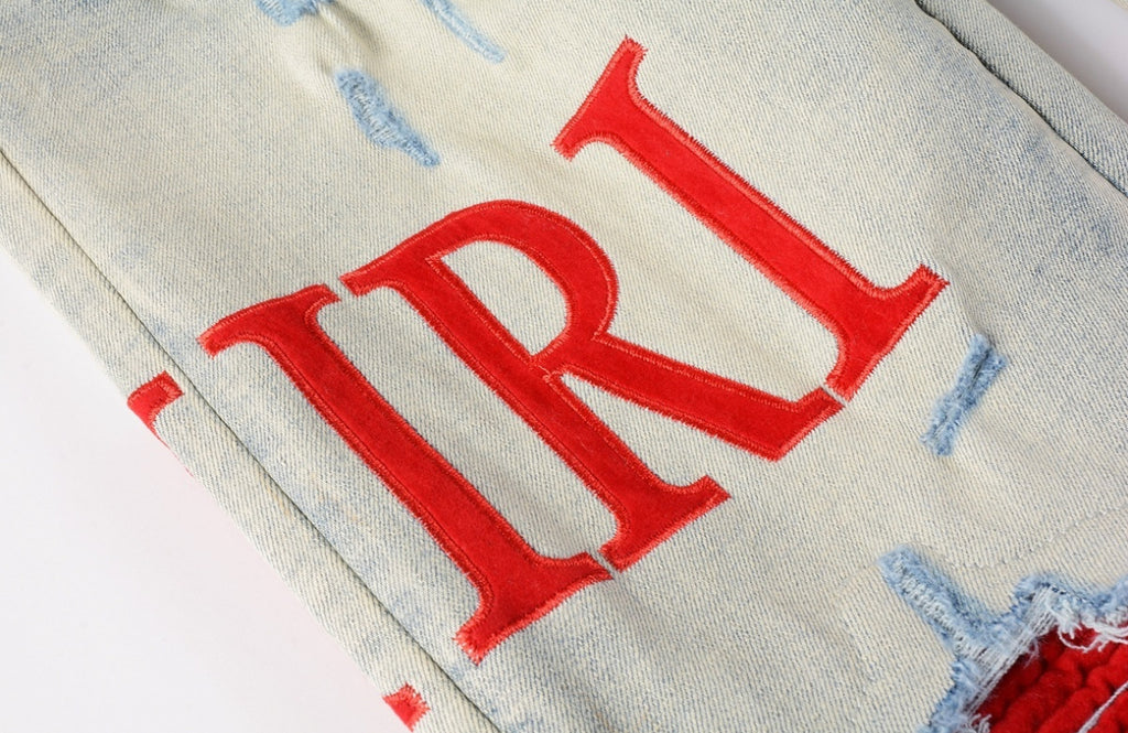 Men’s Mike AMIRI Solid Red Logo Light-Blue Distressed Jeans