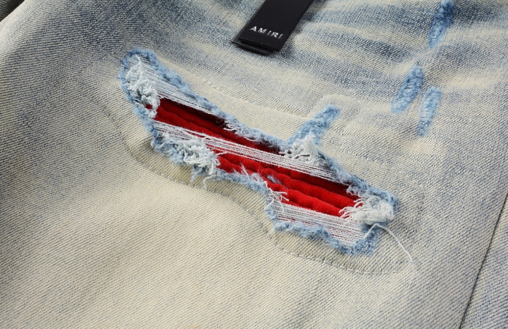 Men’s Mike AMIRI Solid Red Logo Light-Blue Distressed Jeans