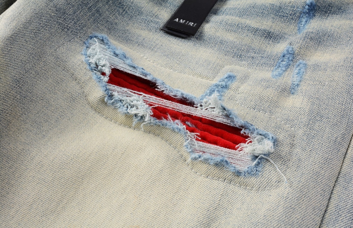 Men’s Mike AMIRI Solid Red Logo Light-Blue Distressed Jeans