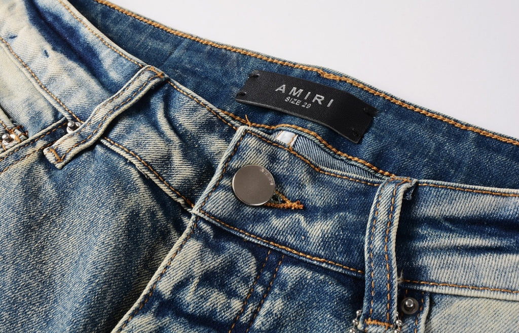 Men’s Mike AMIRI Solid Red Logo Light-Blue Distressed Jeans