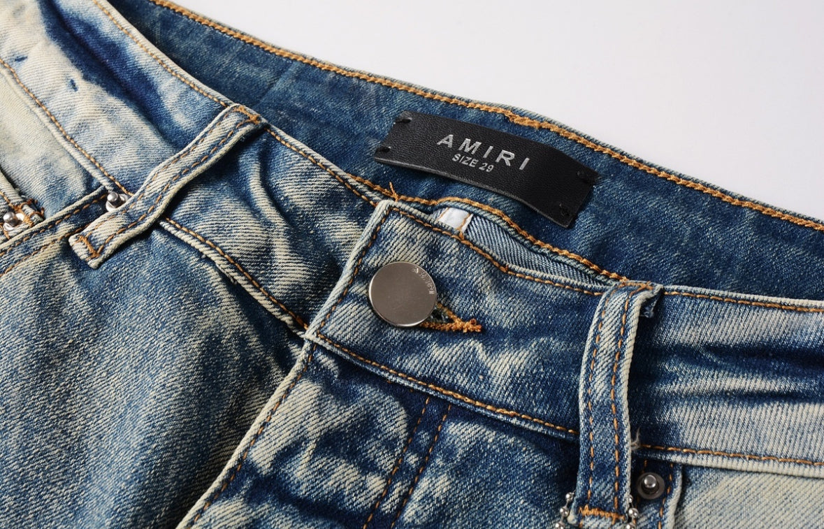 Men’s Mike AMIRI Solid Red Logo Light-Blue Distressed Jeans