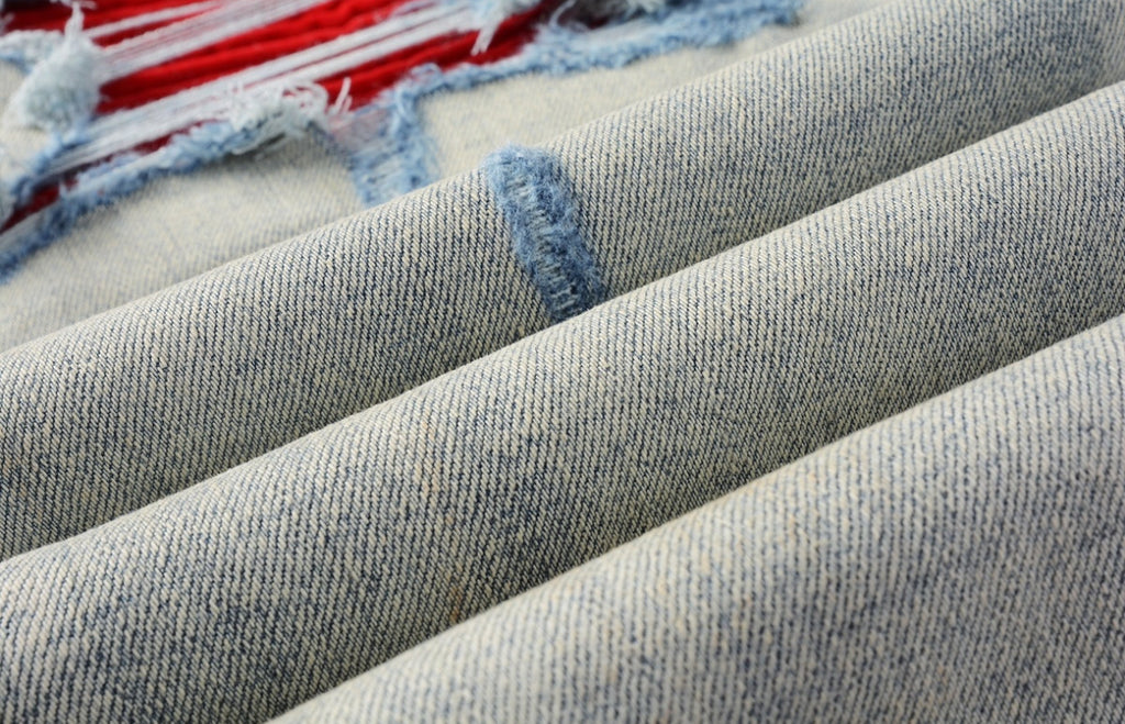 Men’s Mike AMIRI Solid Red Logo Light-Blue Distressed Jeans