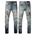 Men’s Mike AMIRI Distressed Staggered Logo Light Blue Jeans