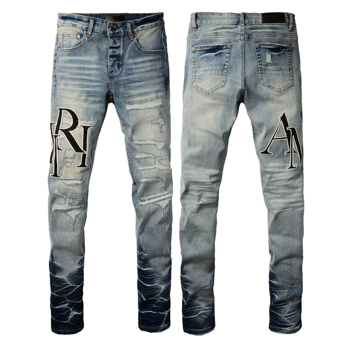 Men’s Mike AMIRI Distressed Staggered Logo Light Blue Jeans